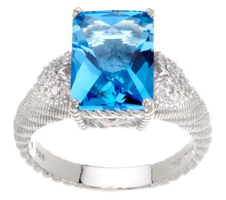 Judith Ripka Sterling 7.0ct Blue Topaz Textured Ring with Diamonique
